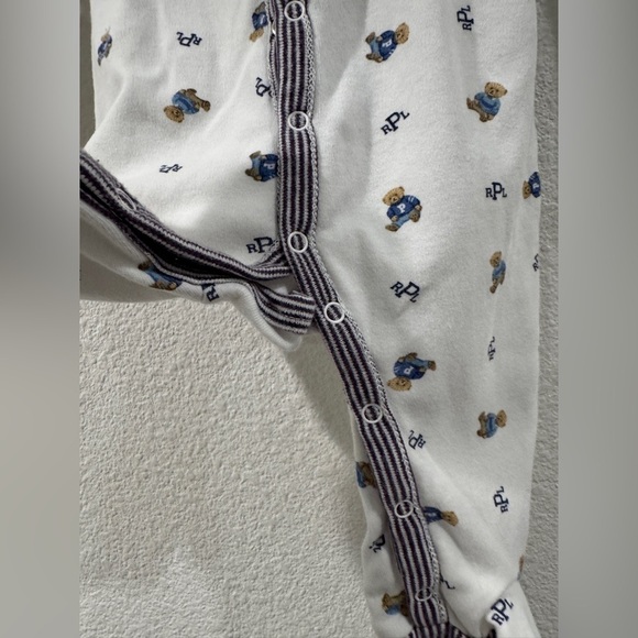 Ralph Lauren Polo Bear Cotton Footed White Striped Logo Coverall Size 3 Months - Picture 7 of 15